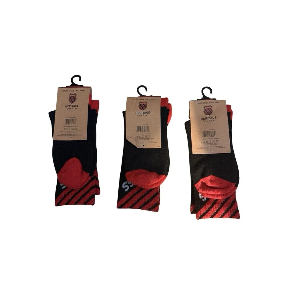K Swiss Crew Socks Lot 3 Ladies 4-10 Black Red Athletic Sport NWT
